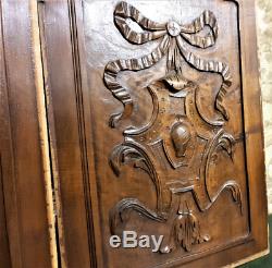 Pair bow blazon wood carving panel antique french wooden architectural salvage