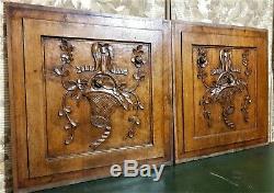 Pair bow flower basket wood carving panel Antique french architectural salvage