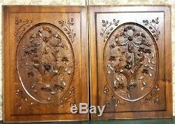 Pair bow ribbon flower basket carving panel Antique french architectural salvage