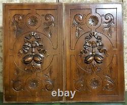 Pair bow ribbon scroll leaves carving panel Antique french architectural salvage