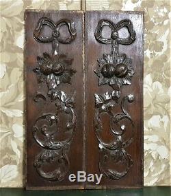 Pair bow scroll leaf wood carving panel antique french architectural salvage