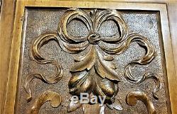 Pair bow scroll leaves panel Antique french wood carving architectural salvage