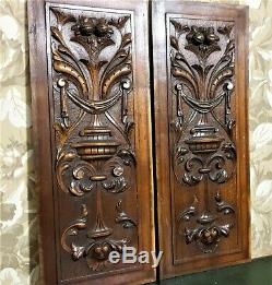 Pair drapery scroll leaf wood carving panel Antique french architectural salvage