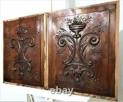 Pair flower scroll leaf wood carving panel Antique french architectural salvage