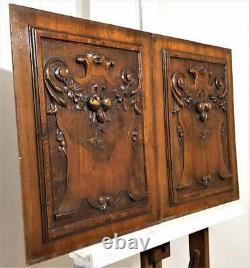 Pair fruit scroll leaf walnut carving panel Antique french architectural salvage