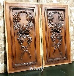 Pair garland leaf flower wood carving panel Antique french architectural salvage