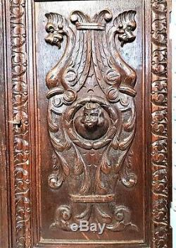 Pair gothic figure griffin architectural panel door Antique french oak carving