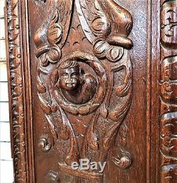 Pair gothic figure griffin architectural panel door Antique french oak carving