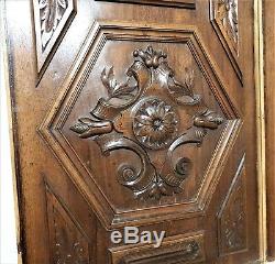 Pair gothic rosett flower panel Antique french carved wood architectural salvage