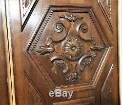 Pair gothic rosett flower panel Antique french carved wood architectural salvage
