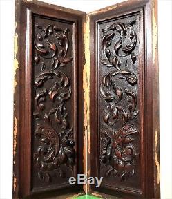 Pair gothic scroll leaves panel Antique french carved wood salvaged furniture