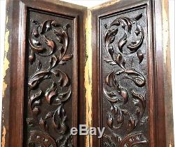 Pair gothic scroll leaves panel Antique french carved wood salvaged furniture