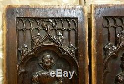 Pair medieval figure wood carving panel Antique french architectural salvage
