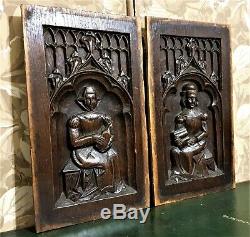 Pair medieval figure wood carving panel Antique french architectural salvage