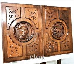 Pair medieval warrior wood carving panel Antique french architectural salvage