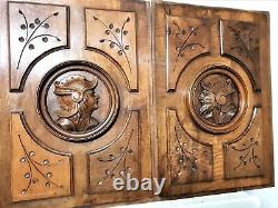 Pair medieval warrior wood carving panel Antique french architectural salvage