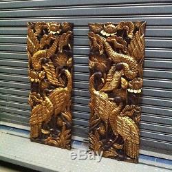 Pair of 35 Teak Wood Carving Wall Panel Gold-Colored Peacocks Hand Carved Art