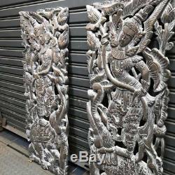 Pair of 35 Teak Wood Carving Wall Panel White Wash Hand Carved Angles Elephants