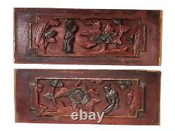 Pair of Antique Chinese Hand Carved Relief Figure Floral Wood Panel Wall Plaque