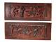 Pair Of Antique Chinese Hand Carved Relief Figure Floral Wood Panel Wall Plaque