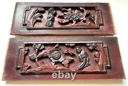 Pair of Antique Chinese Hand Carved Relief Figure Floral Wood Panel Wall Plaque