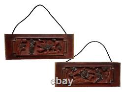 Pair of Antique Chinese Hand Carved Relief Figure Floral Wood Panel Wall Plaque