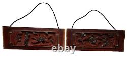 Pair of Antique Chinese Hand Carved Relief Figure Floral Wood Panel Wall Plaque