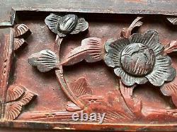 Pair of Antique Chinese Hand Carved Relief Figure Floral Wood Panel Wall Plaque