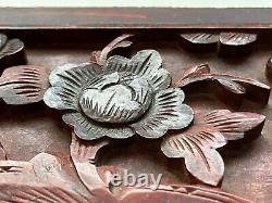 Pair of Antique Chinese Hand Carved Relief Figure Floral Wood Panel Wall Plaque