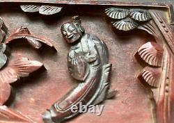 Pair of Antique Chinese Hand Carved Relief Figure Floral Wood Panel Wall Plaque