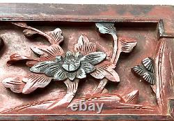 Pair of Antique Chinese Hand Carved Relief Figure Floral Wood Panel Wall Plaque