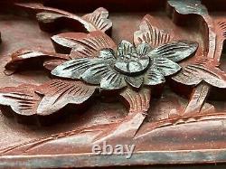 Pair of Antique Chinese Hand Carved Relief Figure Floral Wood Panel Wall Plaque