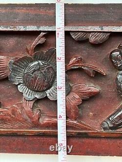 Pair of Antique Chinese Hand Carved Relief Figure Floral Wood Panel Wall Plaque