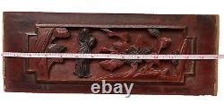 Pair of Antique Chinese Hand Carved Relief Figure Floral Wood Panel Wall Plaque