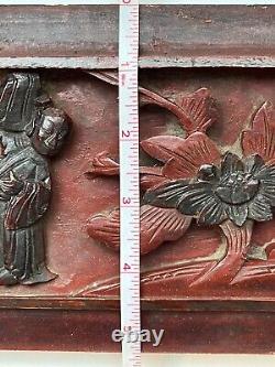 Pair of Antique Chinese Hand Carved Relief Figure Floral Wood Panel Wall Plaque