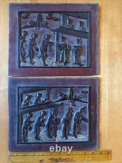 Pair of Antique Chinese Hand Carved Relief Figure Wood Panel Plaques