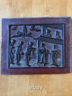 Pair of Antique Chinese Hand Carved Relief Figure Wood Panel Plaques