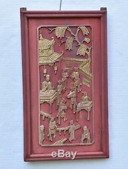Pair of Antique Chinese Red & Gilded Wood Carved Panel
