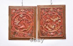 Pair of Antique Chinese Red & Gilt Wood Carved Panel