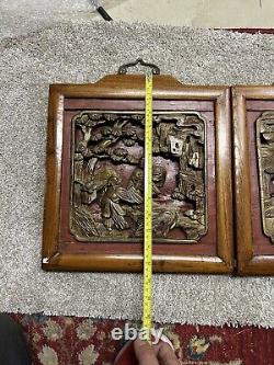 Pair of Antique Chinese Red & Gilt Wood Carved Panel