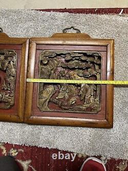 Pair of Antique Chinese Red & Gilt Wood Carved Panel