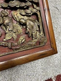 Pair of Antique Chinese Red & Gilt Wood Carved Panel