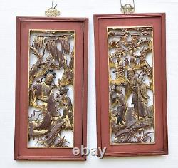 Pair of Antique Chinese Red & Gilt Wooden Carved Panel