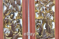 Pair of Antique Chinese Red & Gilt Wooden Carved Panel