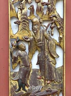 Pair of Antique Chinese Red & Gilt Wooden Carved Panel
