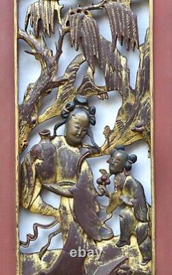 Pair of Antique Chinese Red & Gilt Wooden Carved Panel