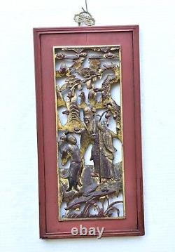 Pair of Antique Chinese Red & Gilt Wooden Carved Panel