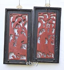 Pair of Antique Chinese Red & Gilt Wooden Carved Panel