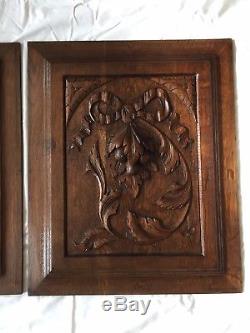 Pair of Antique French Carved Wood Architectural Panel Door with ribbon