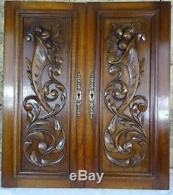 Pair of Antique French Carved Wood Cupboard Doors Wall Panels Solid Walnut
